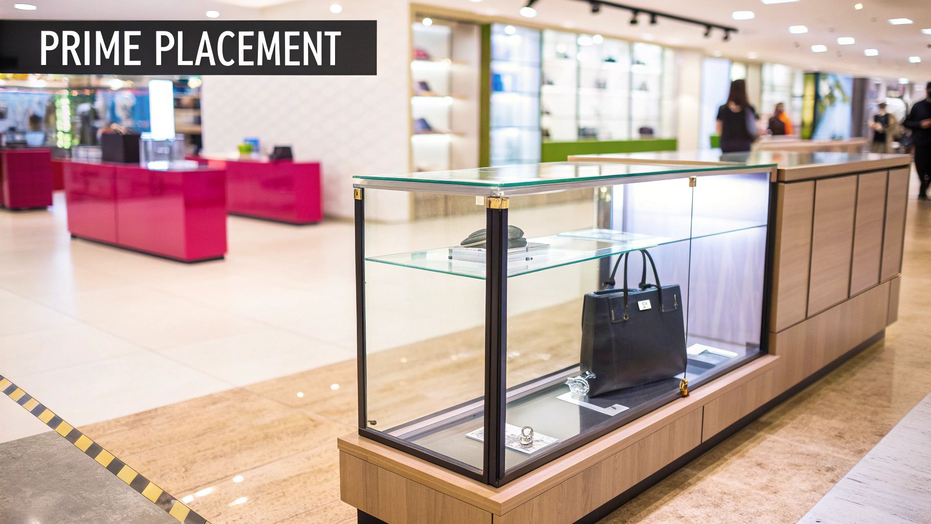Modern glass display case with handbag and accessories in bright retail store setting