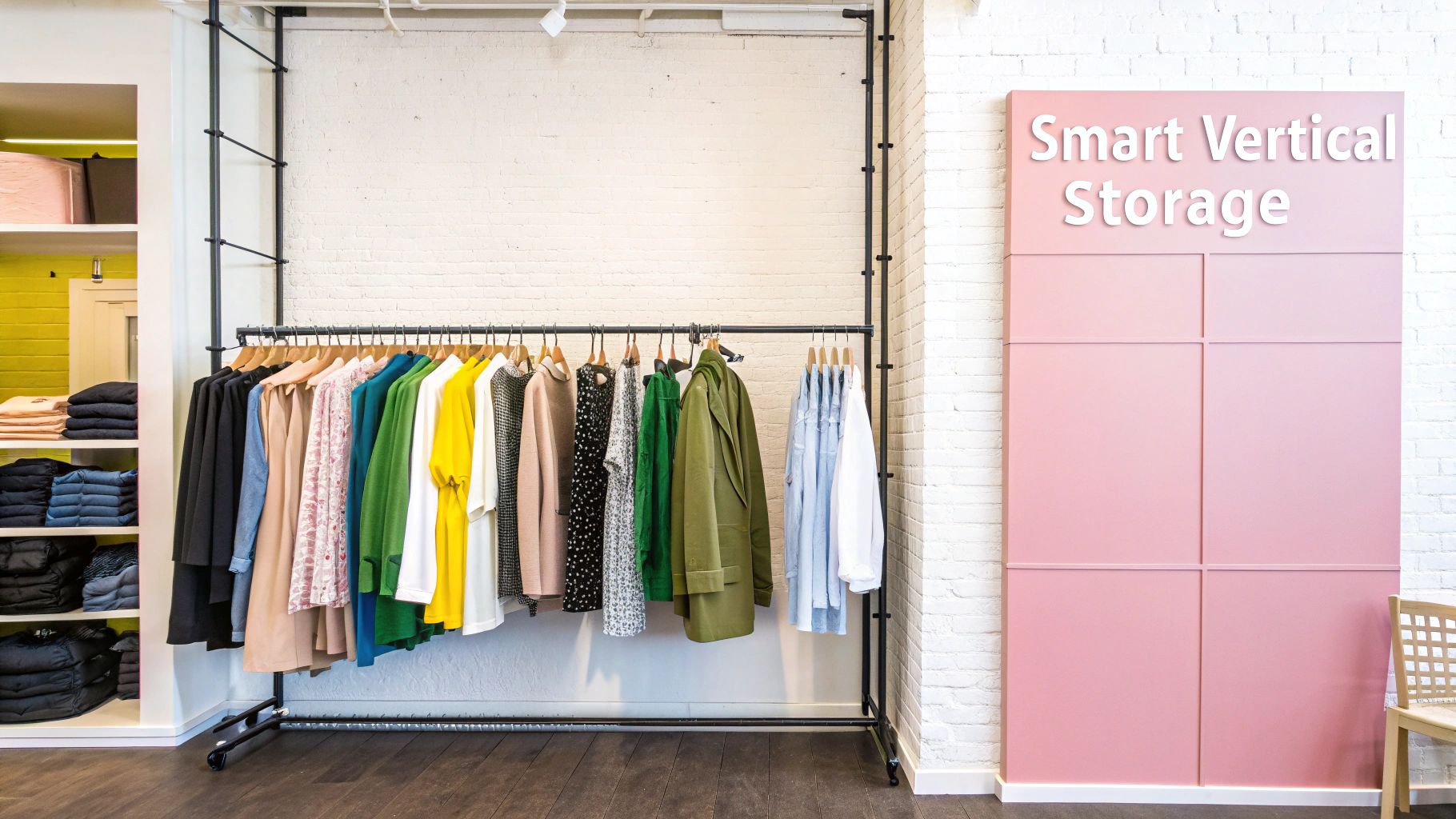 A well-organised retail space featuring industrial-style wall clothes racks displaying various garments.