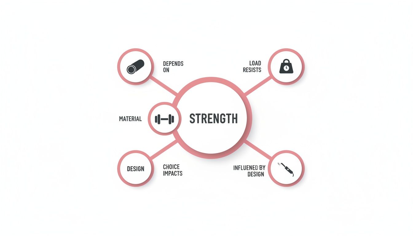 A diagram explaining strength, showing it depends on material, resists load, and is influenced by design.