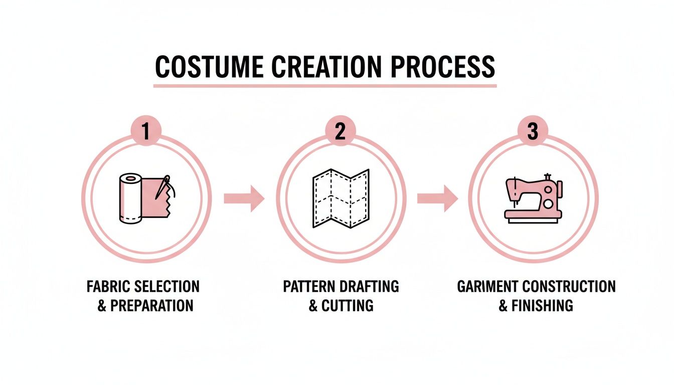 An infographic illustrating the three-step costume creation process: fabric selection, pattern drafting, and garment construction.