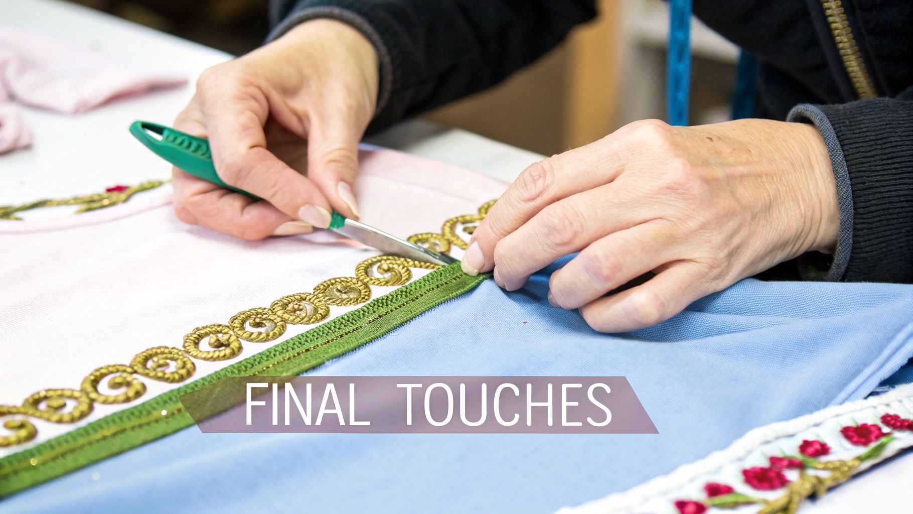 A close-up of a sewing machine needle attaching a decorative sew on trim to a patterned fabric, showing precision around a corner.