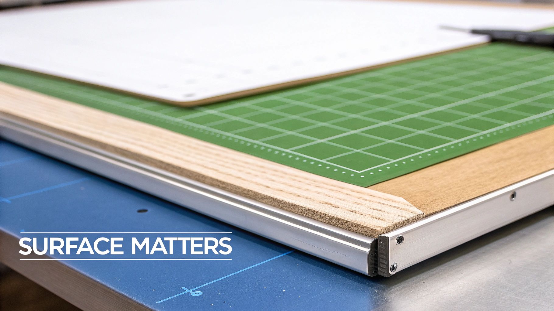 Close-up of a green cutting mat with grid lines, wood, and metal components on a workspace.