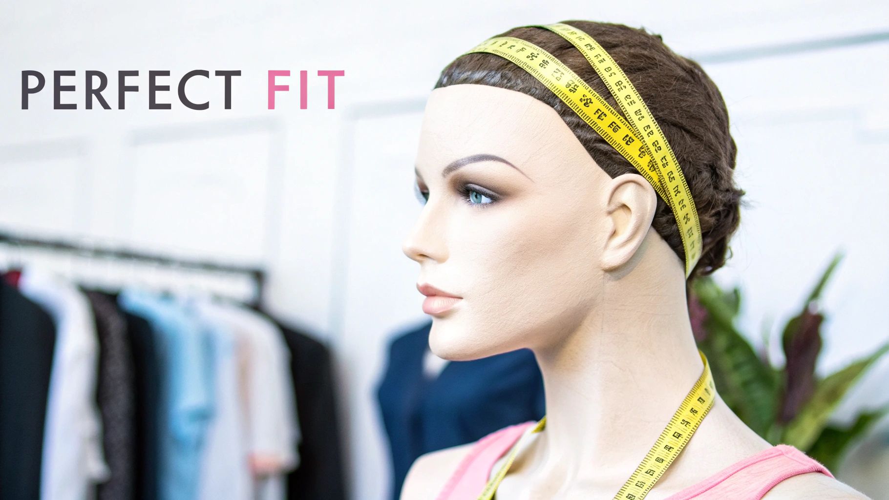 A person measuring the circumference of a wig head mannequin with a tape measure.