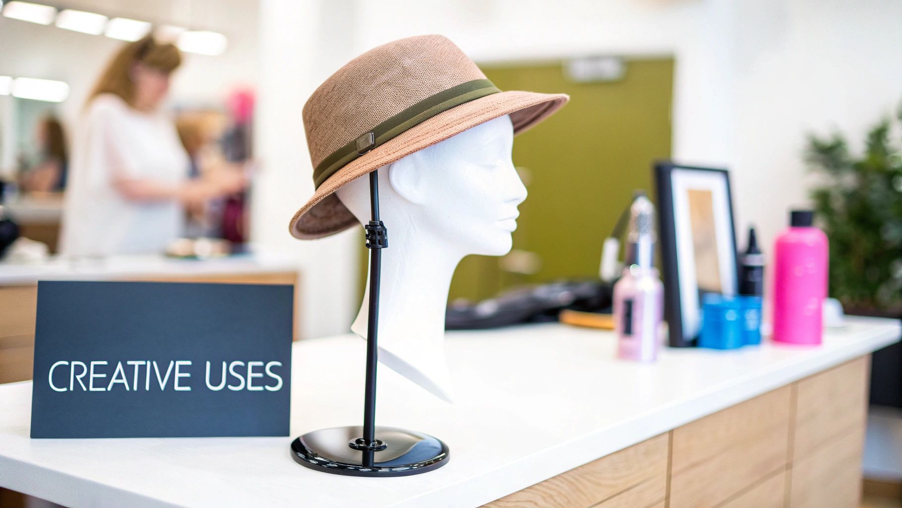 A mannequin head with a wig on a stand, placed in a well-lit creative studio
