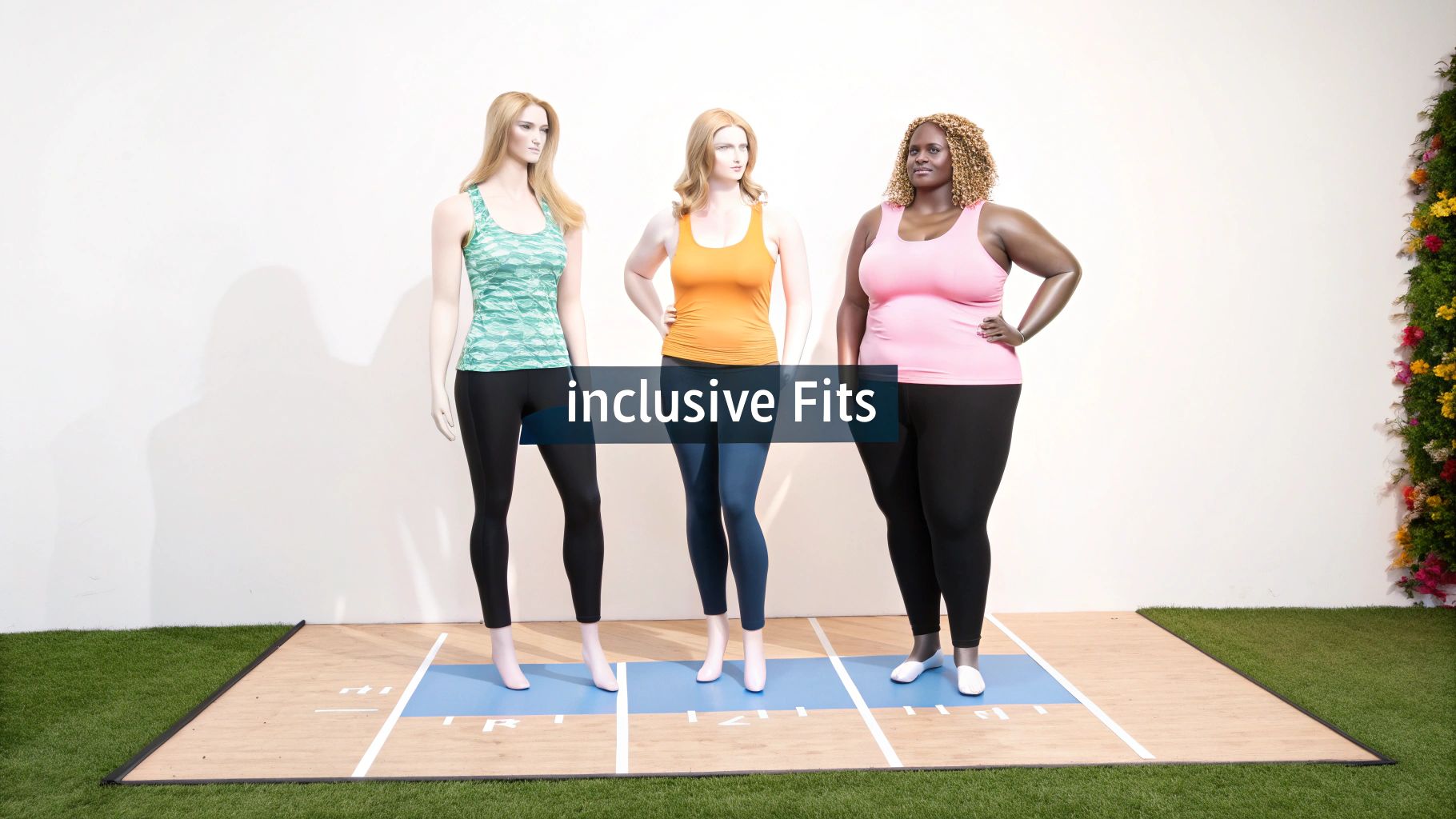 Three diverse female mannequins wearing activewear on a platform, illustrating inclusive fits.