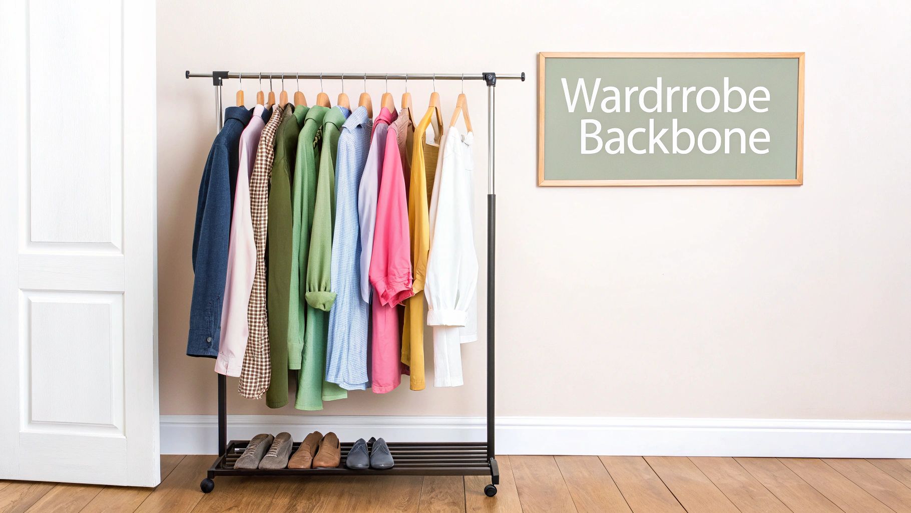 A neatly organised wardrobe with various clothes hanging on a sturdy metal pole.