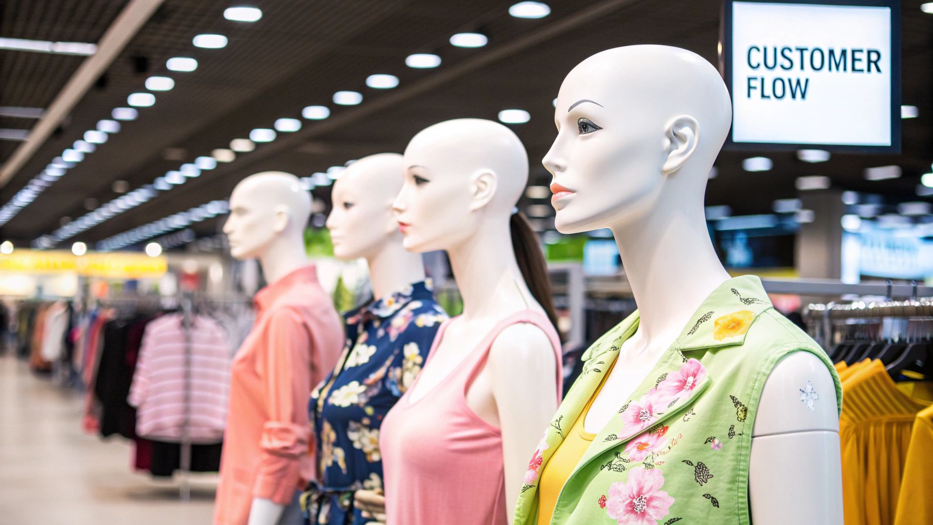 A mannequin dressed in a stylish outfit and placed strategically in a high-traffic area of a clothing shop.