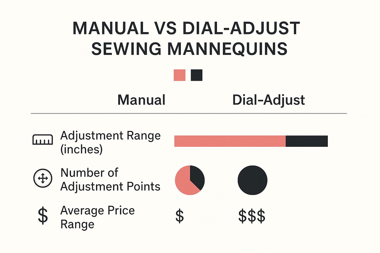 Infographic comparing Manual vs Dial-Adjust sewing mannequins on adjustment range, number of points, and price.