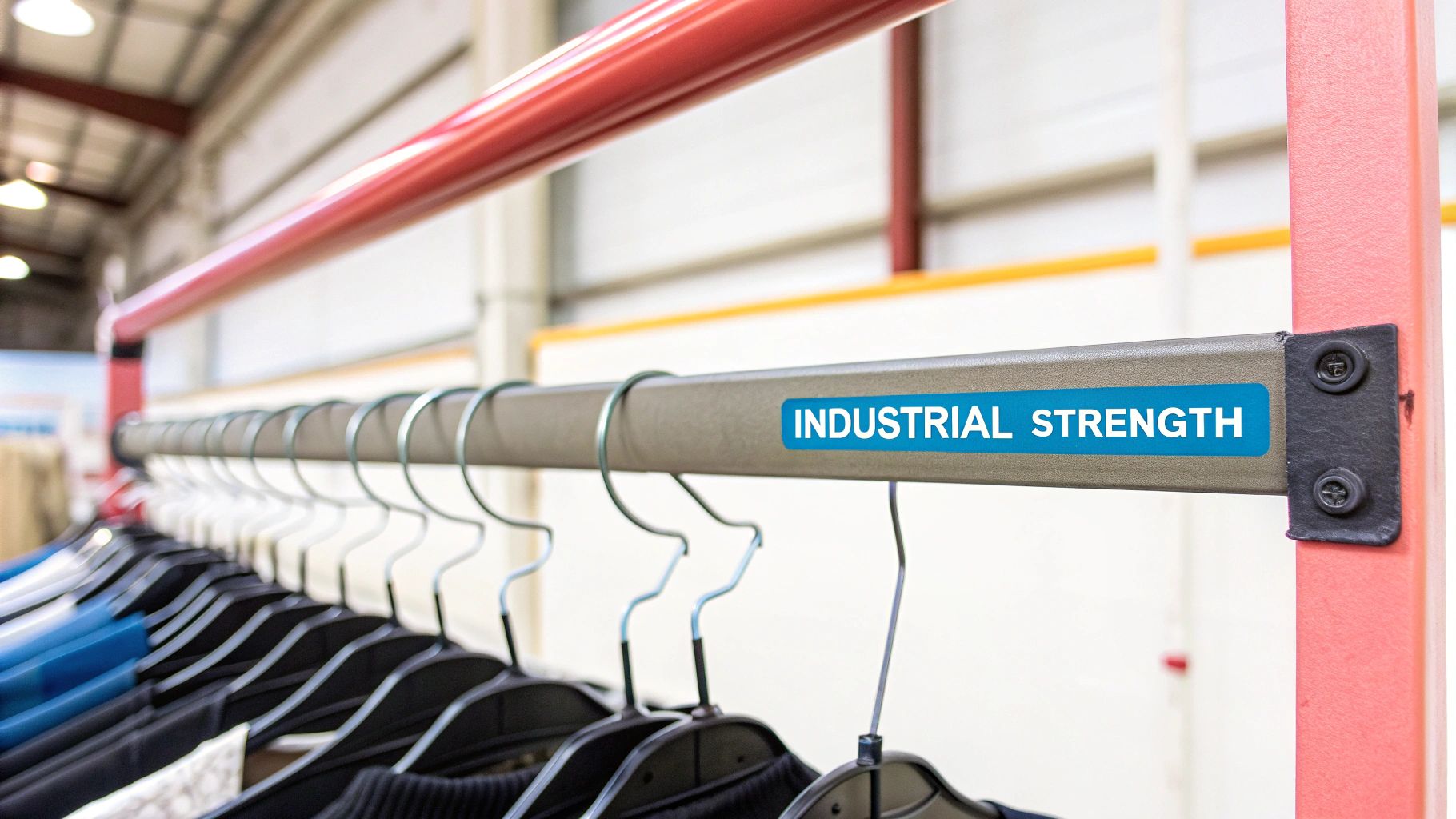 Close-up of a heavy-duty industrial clothing rail with many hangers and clothes, featuring an 'INDUSTRIAL STRENGTH' label.