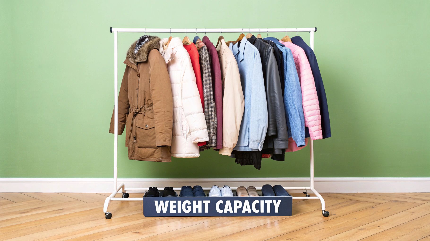 Various winter coats hang on a white clothes rail over a blue box labeled "WEIGHT CAPACITY" filled with shoes.
