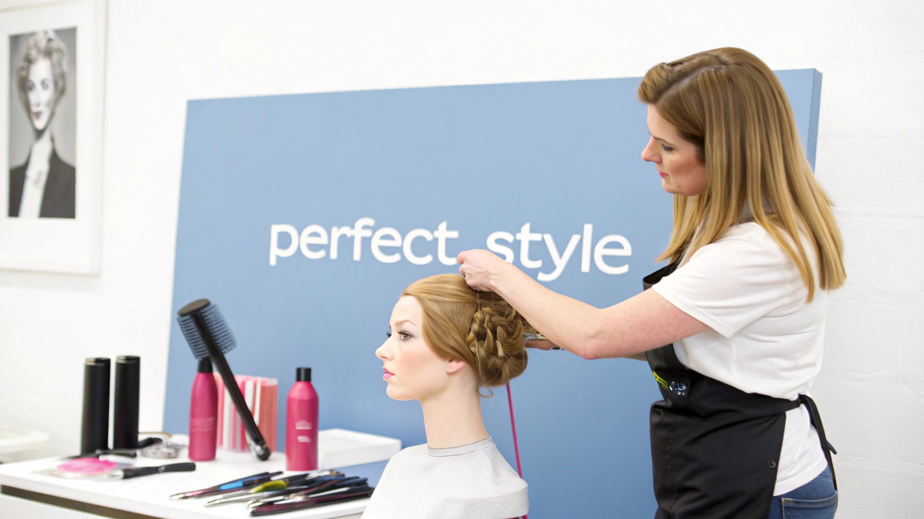 A wig is being washed and conditioned while placed on a mannequin head.