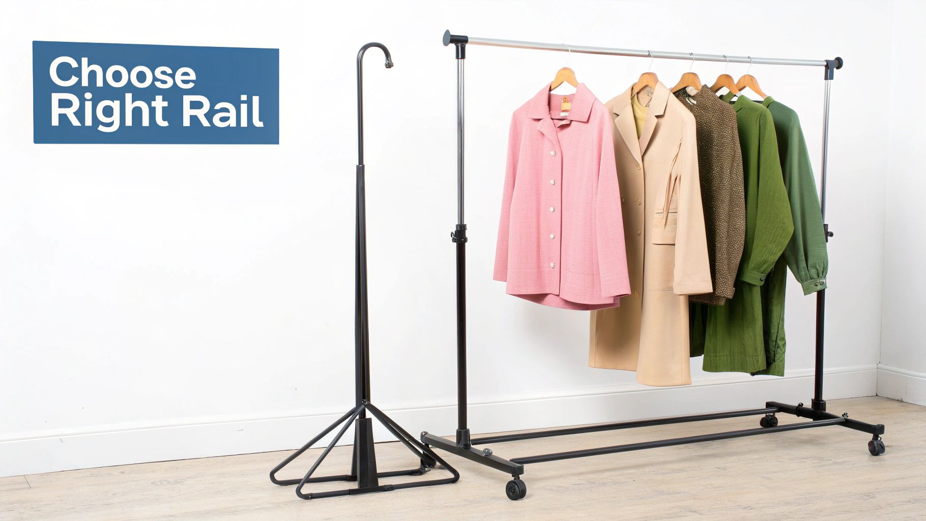 Two contrasting clothes rails, one holding various stylish garments, against a clean white background.