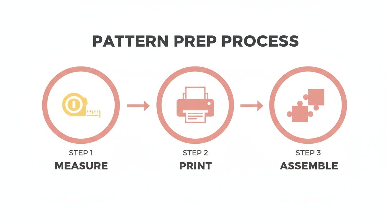 A diagram illustrating a three-step pattern preparation process: measure, print, and assemble.