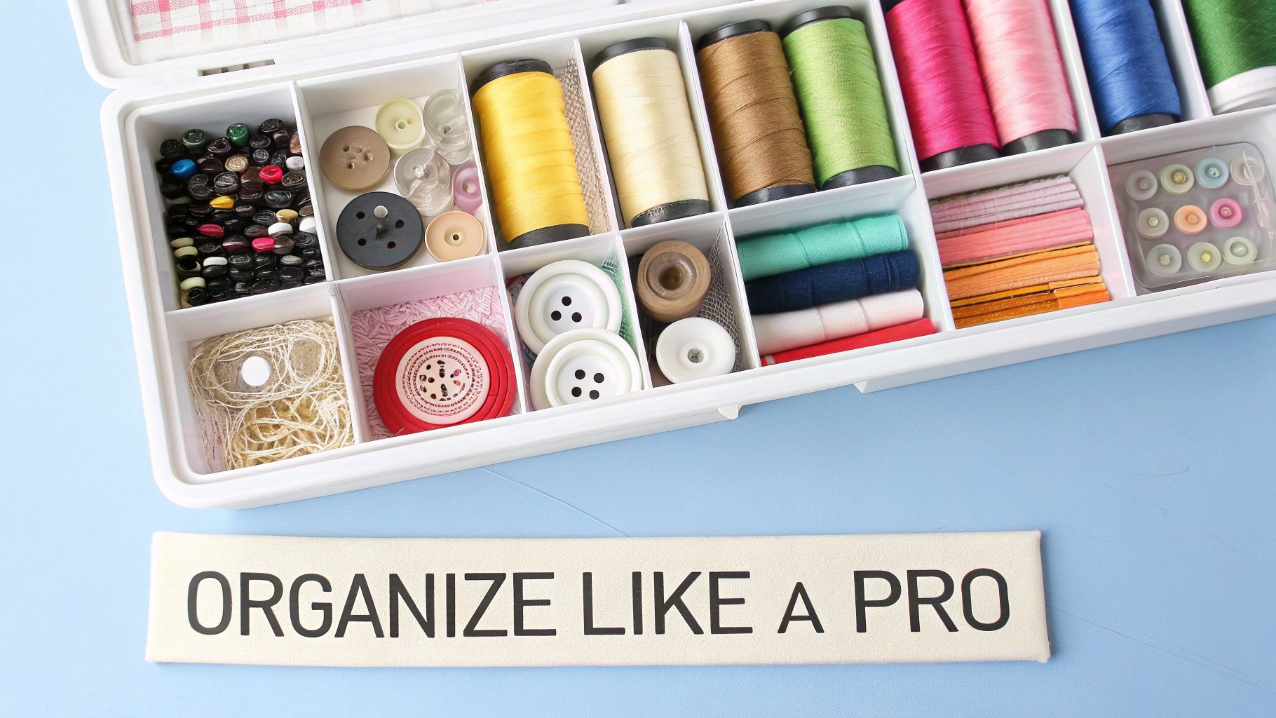 A white sewing box is neatly organized with colorful threads, buttons, and various crafting supplies.