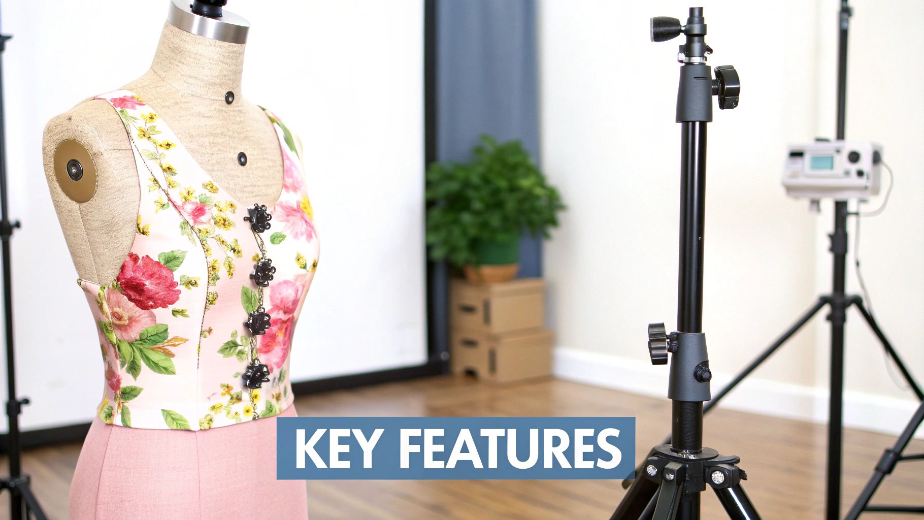 An adjustable dressmaking mannequin displaying a floral top and pink skirt in a studio setting.