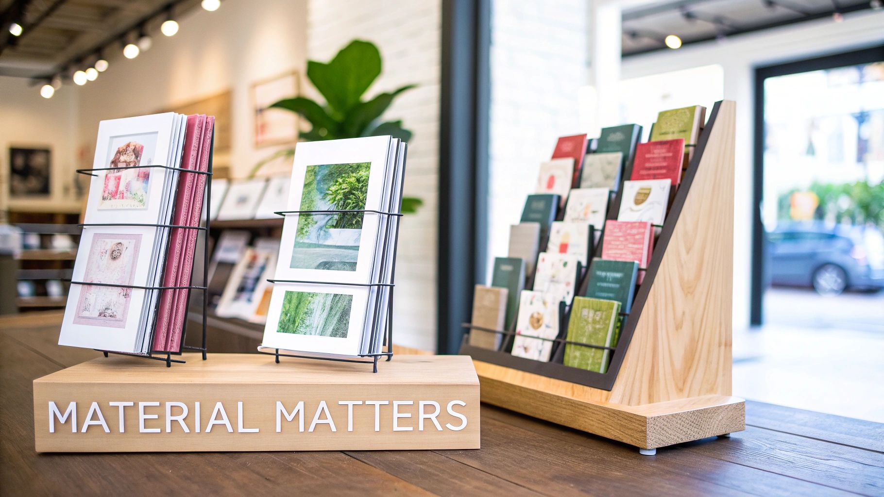 Modern retail store display featuring greeting cards and stationery on wooden racks with Material Matters branding