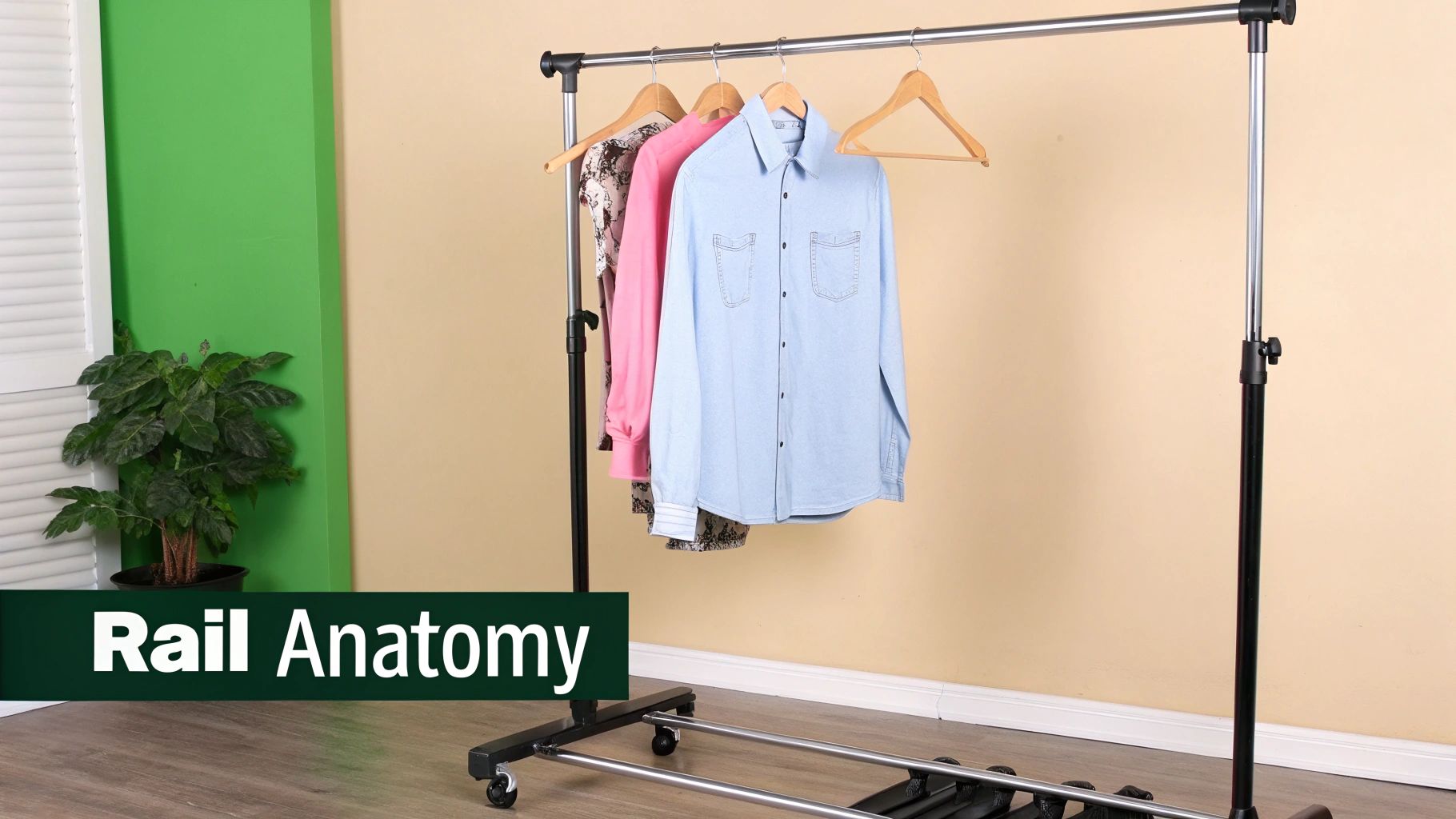 A portable clothes rail with a double base, displaying shirts on hangers and casters for mobility.