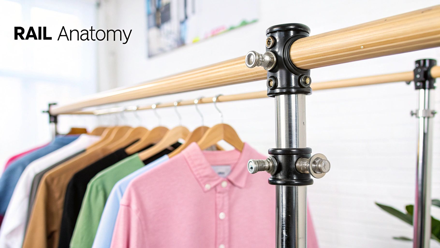 A detailed shot of a clothing rail with colorful shirts on wooden hangers, showing its construction.