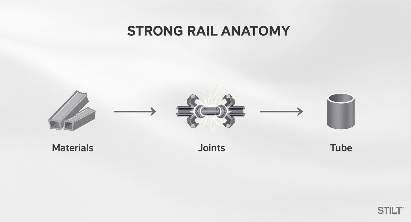 Diagram illustrates strong rail anatomy, showing raw materials, complex joints, and the resulting tube.