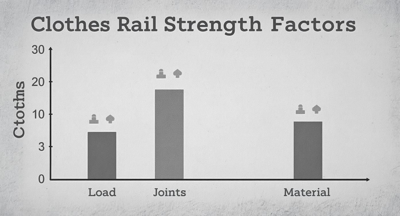 Bar chart illustrating clothes rail strength factors: Load, Joints, and Material, with corresponding 'Clothes' values.