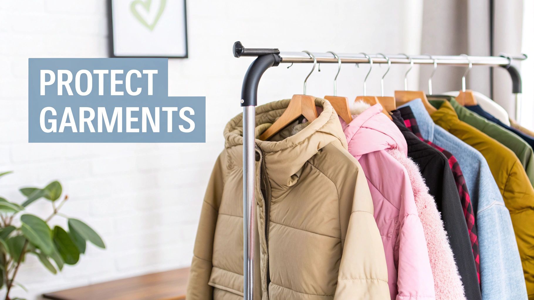 A strong clothes rail displays colorful winter coats and jackets on hangers, promoting garment protection.