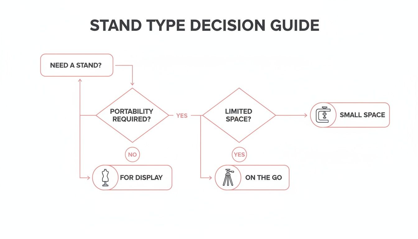 Flowchart decision guide for stand types, considering portability, display, small space, and on-the-go use.