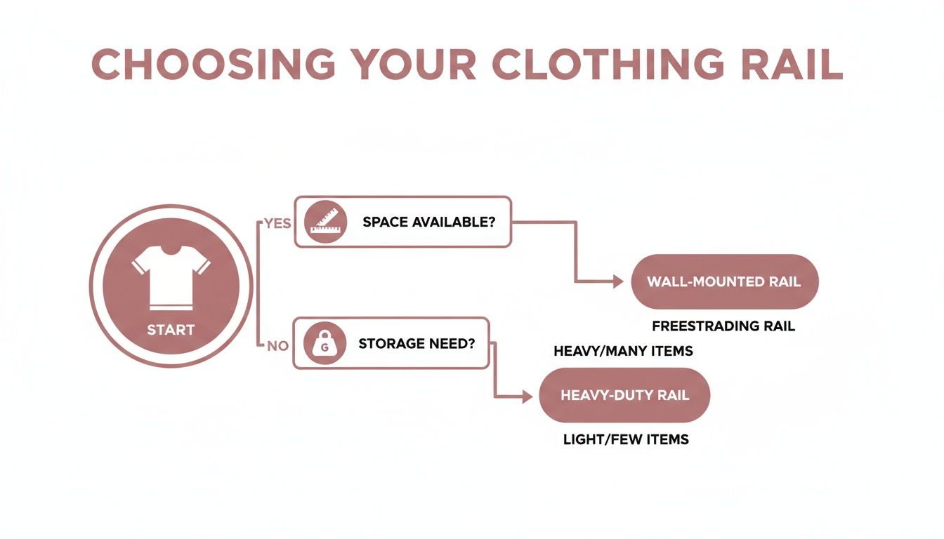 A flowchart guiding users on choosing the right clothing rail based on available space and storage needs.