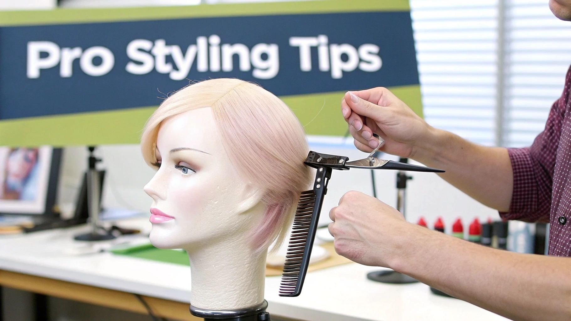 A person styling light pink hair on a mannequin head with a comb and scissors, demonstrating pro styling tips.