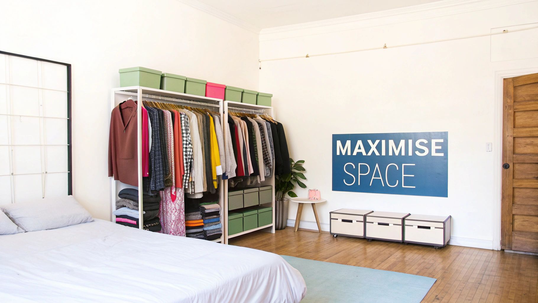 Organized bedroom with open wardrobe system featuring hanging clothes and storage boxes with maximise space sign