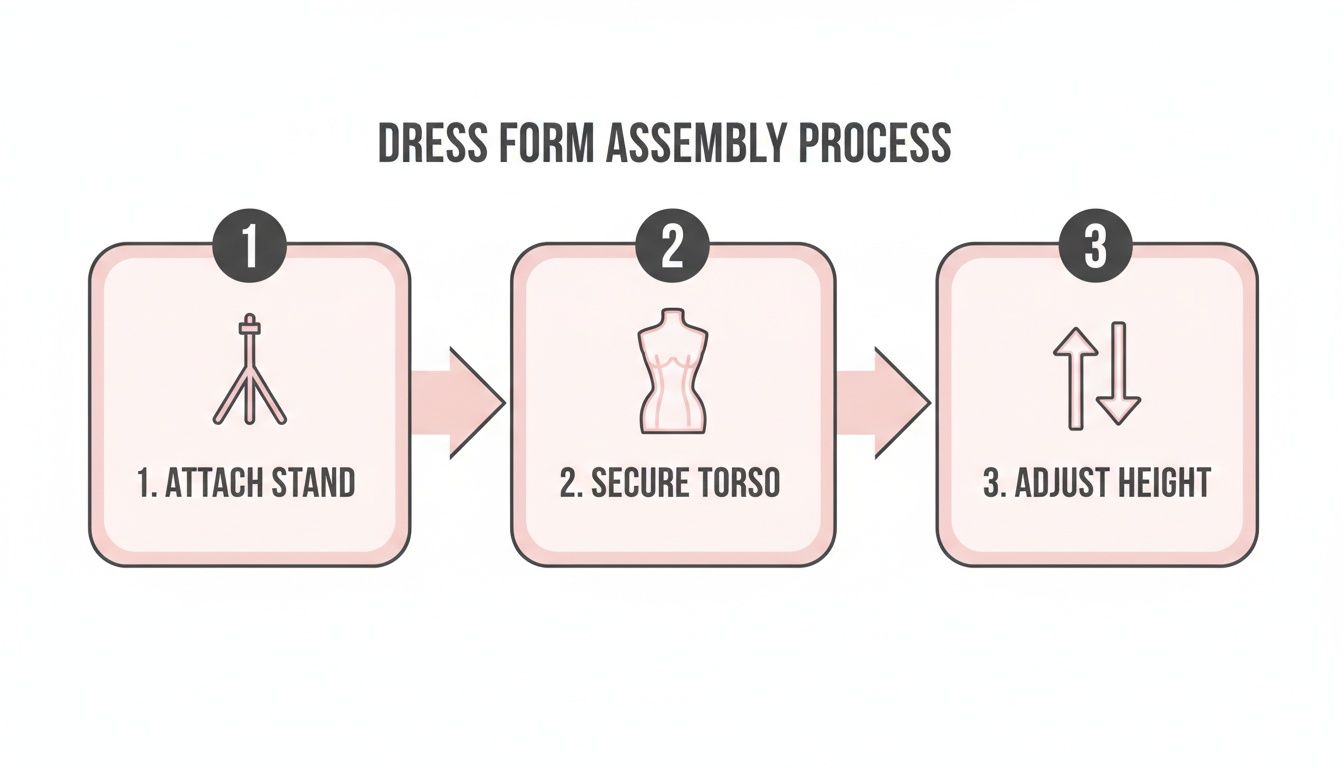Diagram illustrating the three-step dress form assembly process: attach stand, secure torso, and adjust height.