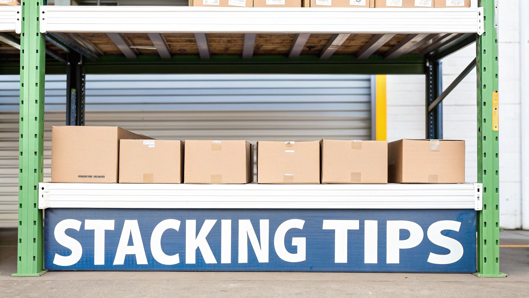 A well-organised garage with plastic stacking storage boxes neatly arranged on shelves and stacked on the floor.