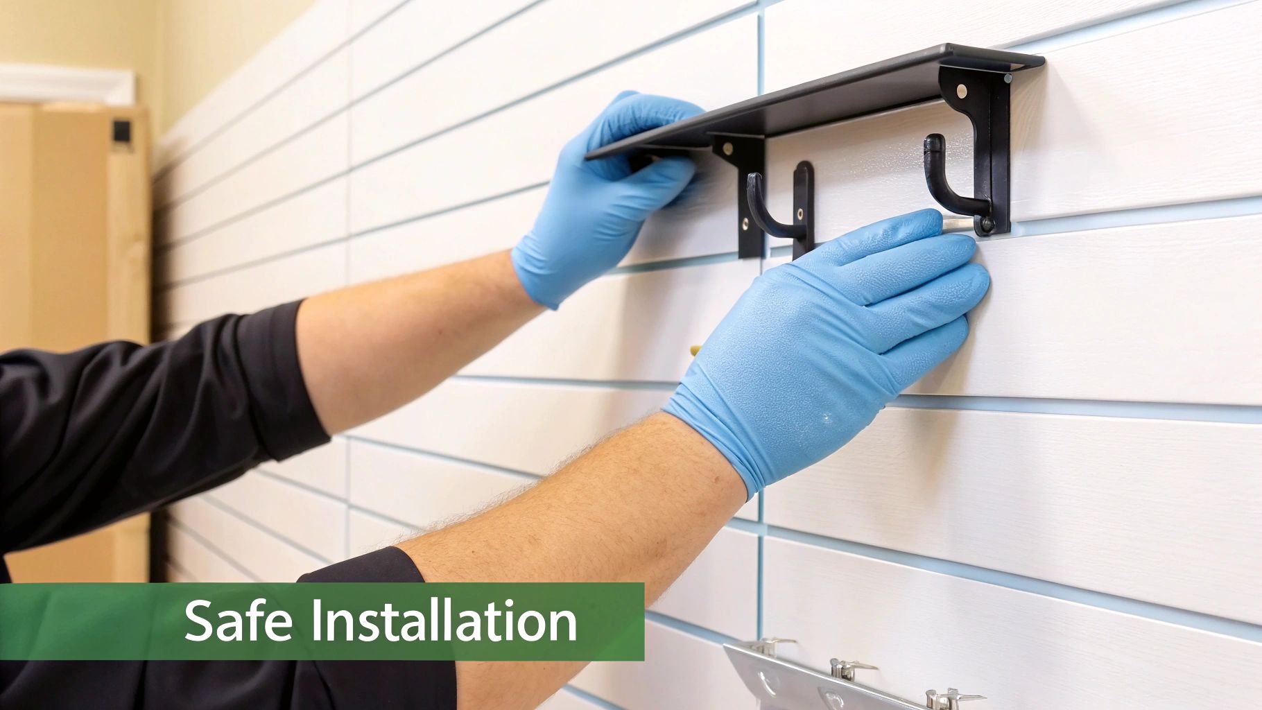 Person in blue gloves securely installing a black metal shelf with hooks onto a white slatwall.