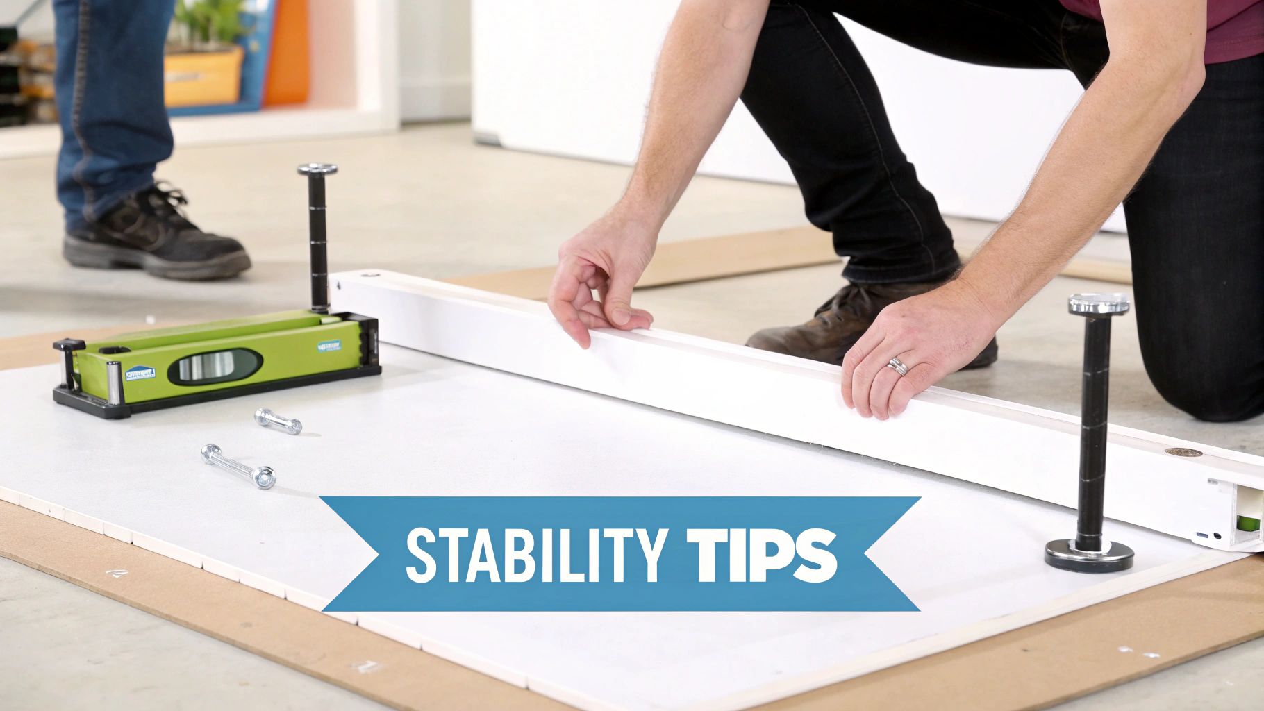 A person securing a mannequin onto its stand in a retail setting.