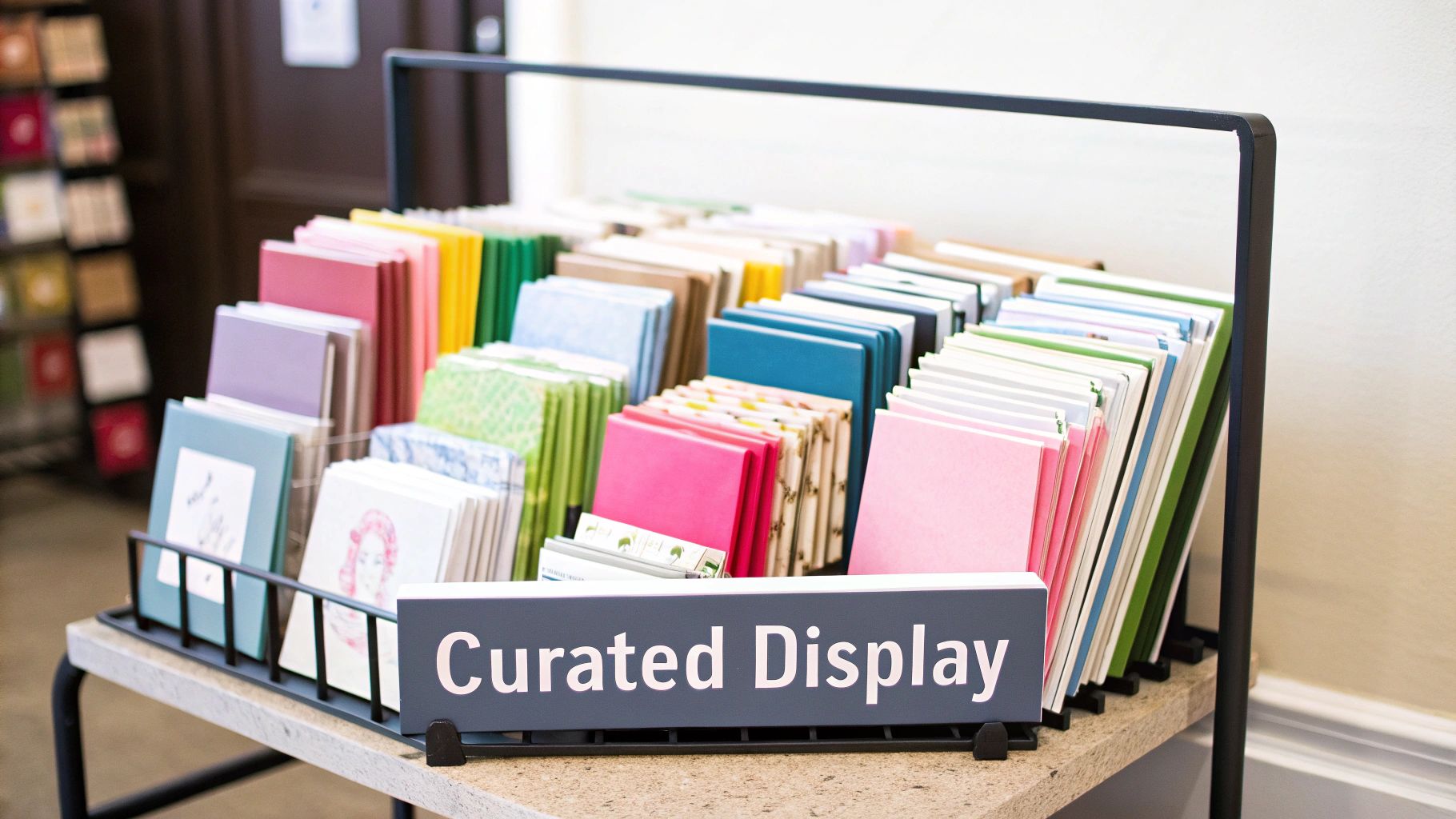 A colourful and well-organised greetings card display rack in a shop
