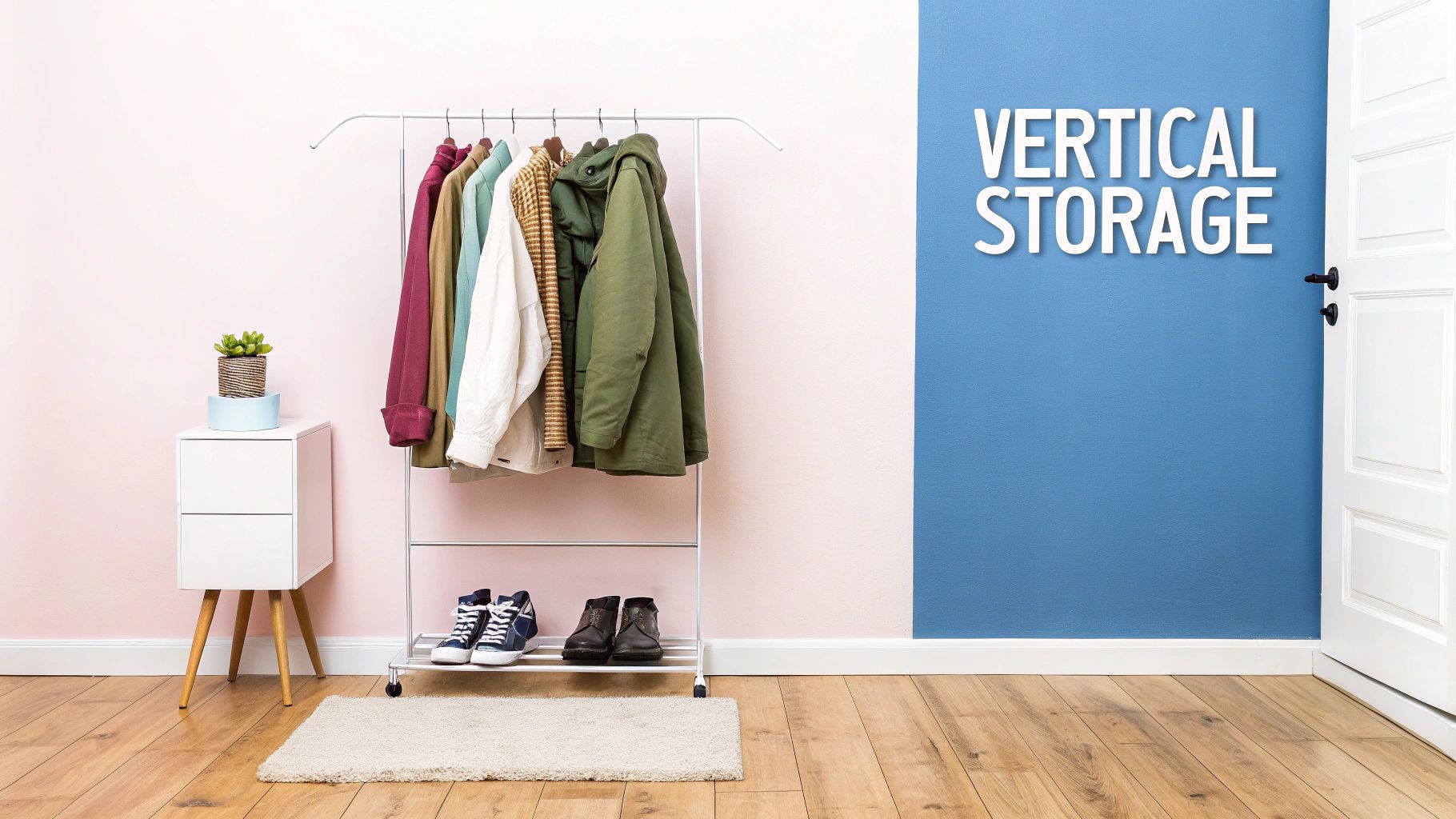 A minimalist entryway features a clothes rack with garments and shoes, next to a small white table.