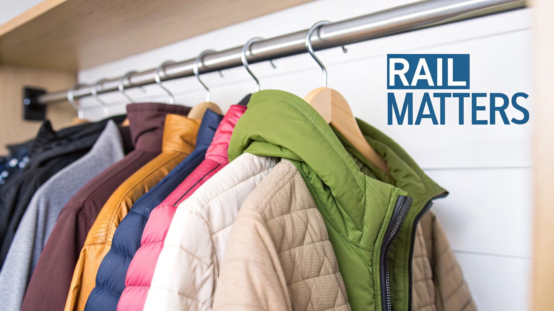 Various colorful jackets, including green, blue, and yellow, hang neatly on a metal rail inside a fitted wardrobe.