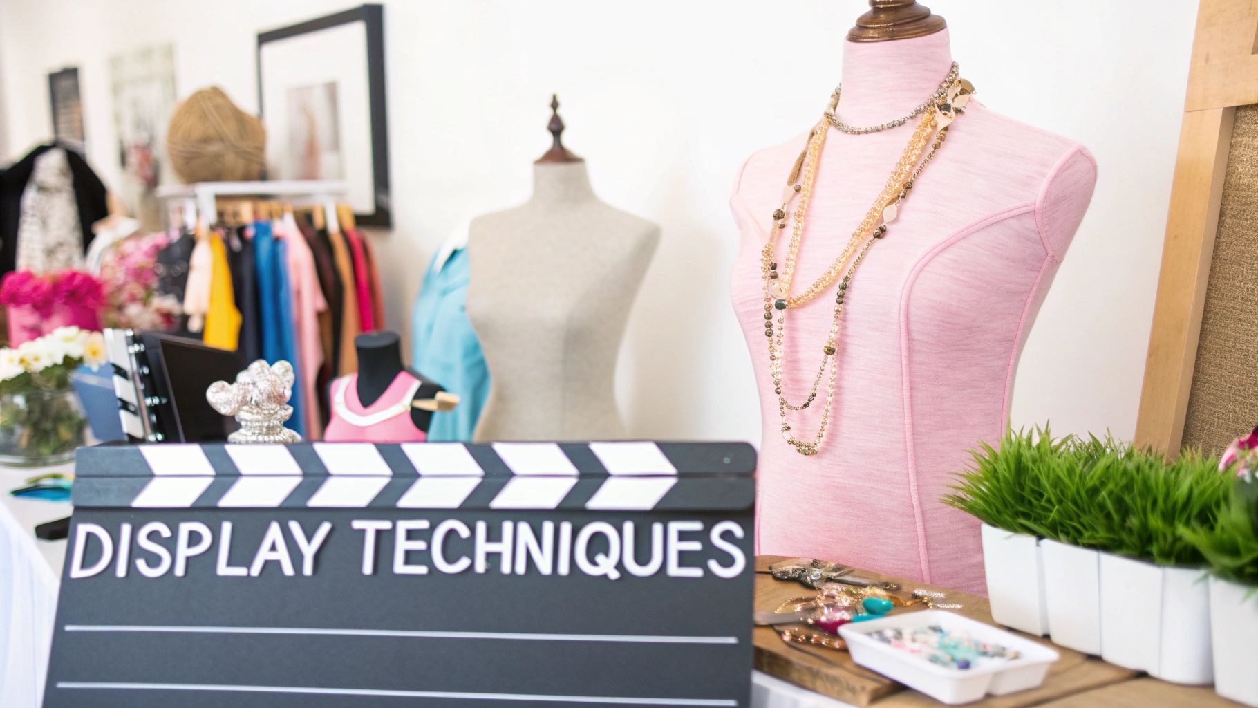 A retail display featuring mannequins, clothing, jewelry, and a sign explaining display techniques.