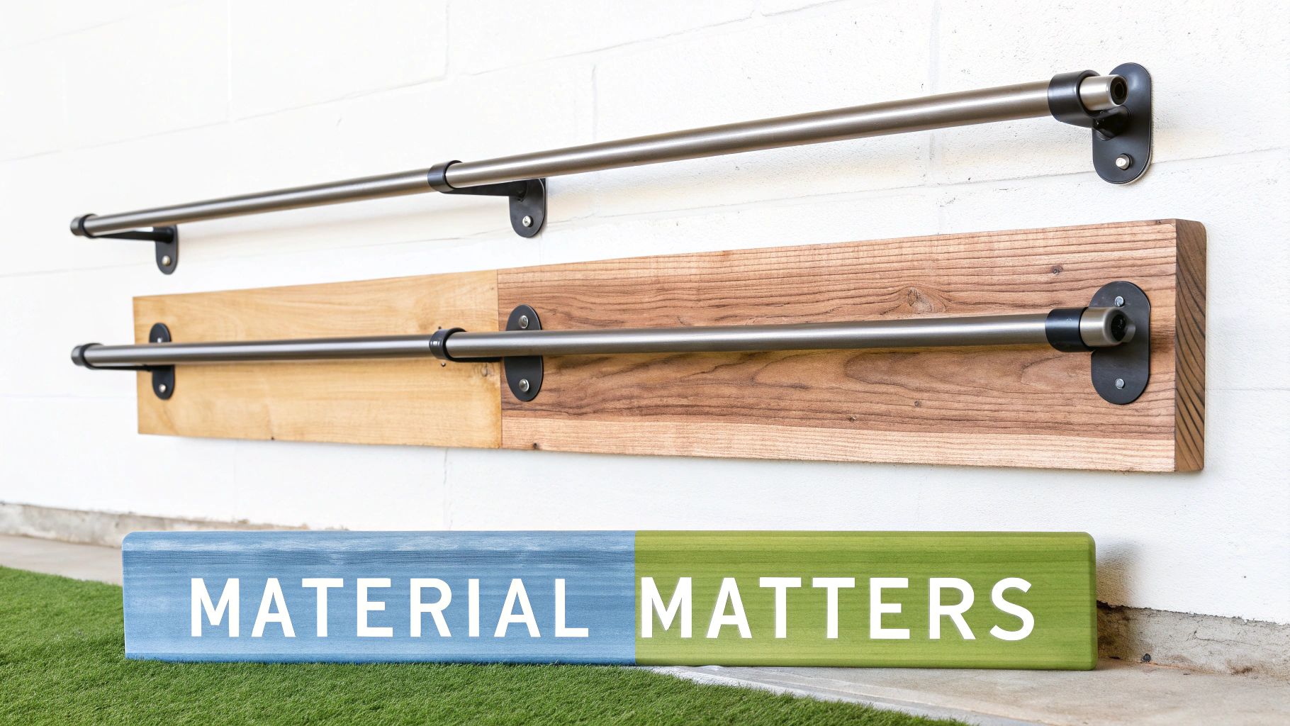 Two industrial-style metal rods mounted on a wall, one on a two-toned wooden board, with a 'MATERIAL MATTERS' sign.