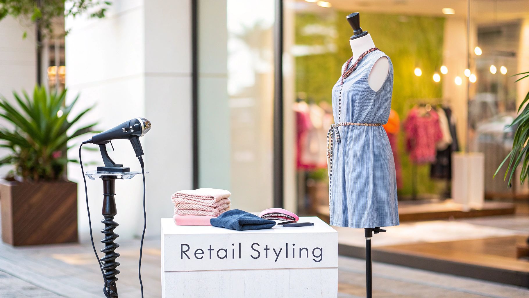 A mannequin in a blue striped dress stands next to a garment steamer and folded clothes, showcasing retail styling.