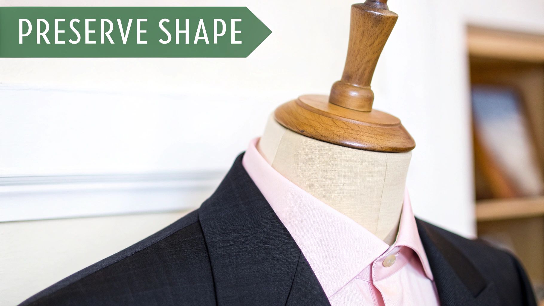 Close-up of a mannequin wearing a pink shirt and dark suit jacket, with a green banner saying 'PRESERVE SHAPE'.