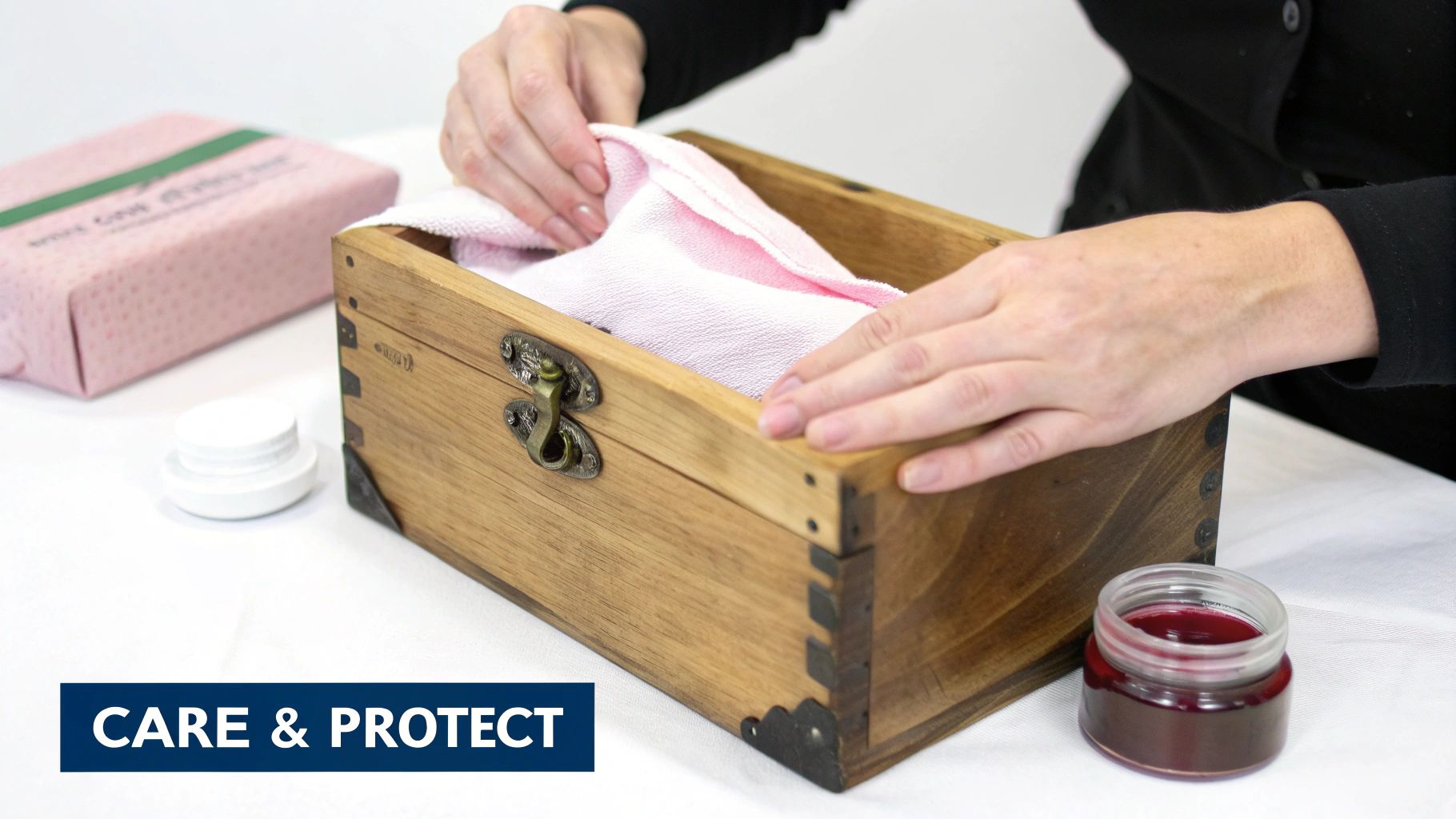 Hands carefully place a pink cloth inside a rustic wooden box, with other craft supplies nearby.
