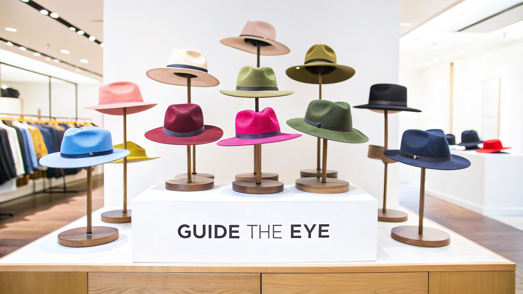 A vibrant display of colorful fedora hats on individual wooden stands in a modern retail store.