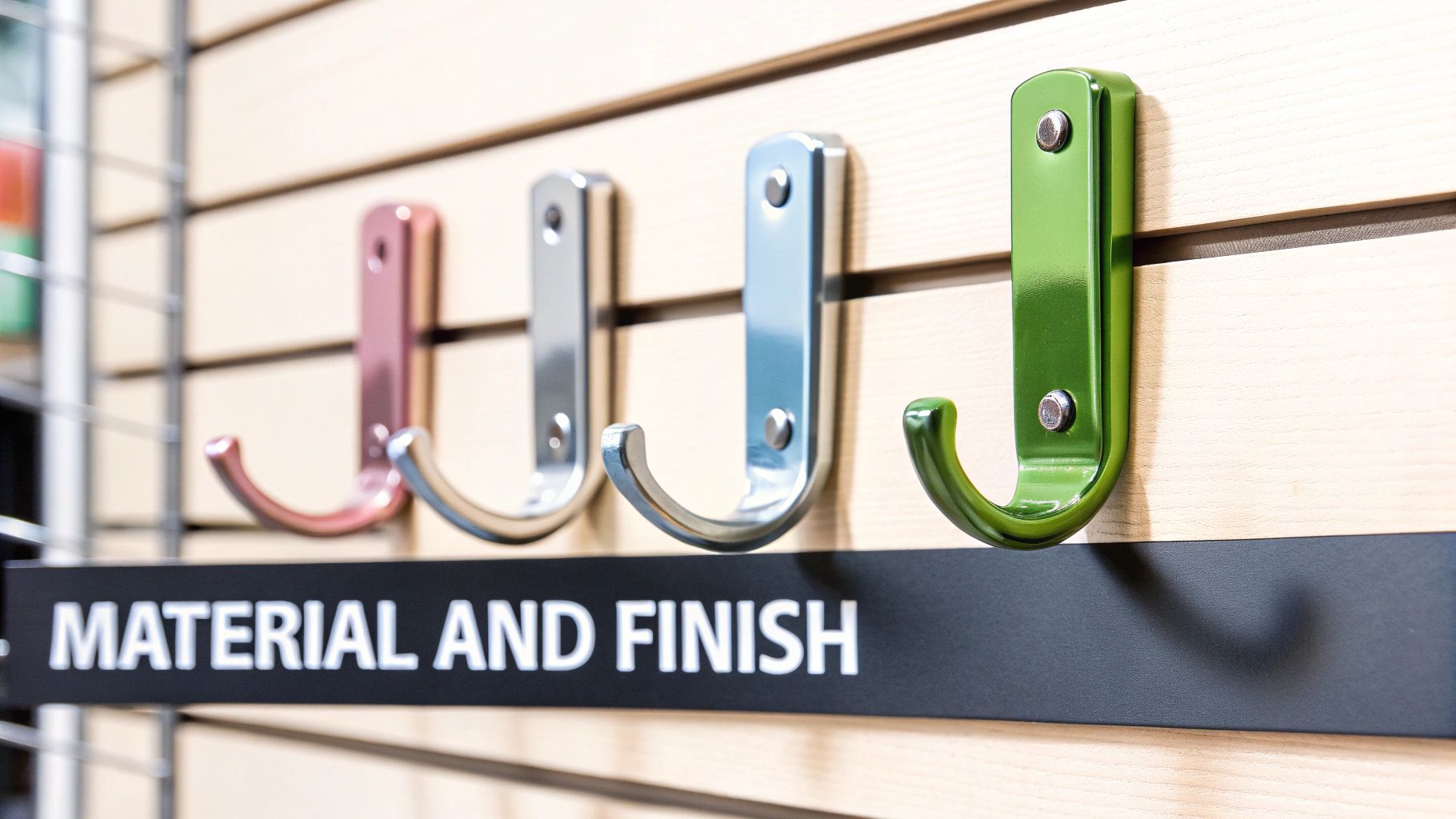 Four colorful J-hooks (rose gold, silver, blue, green) displayed on a slatwall with a 'MATERIAL AND FINISH' sign.
