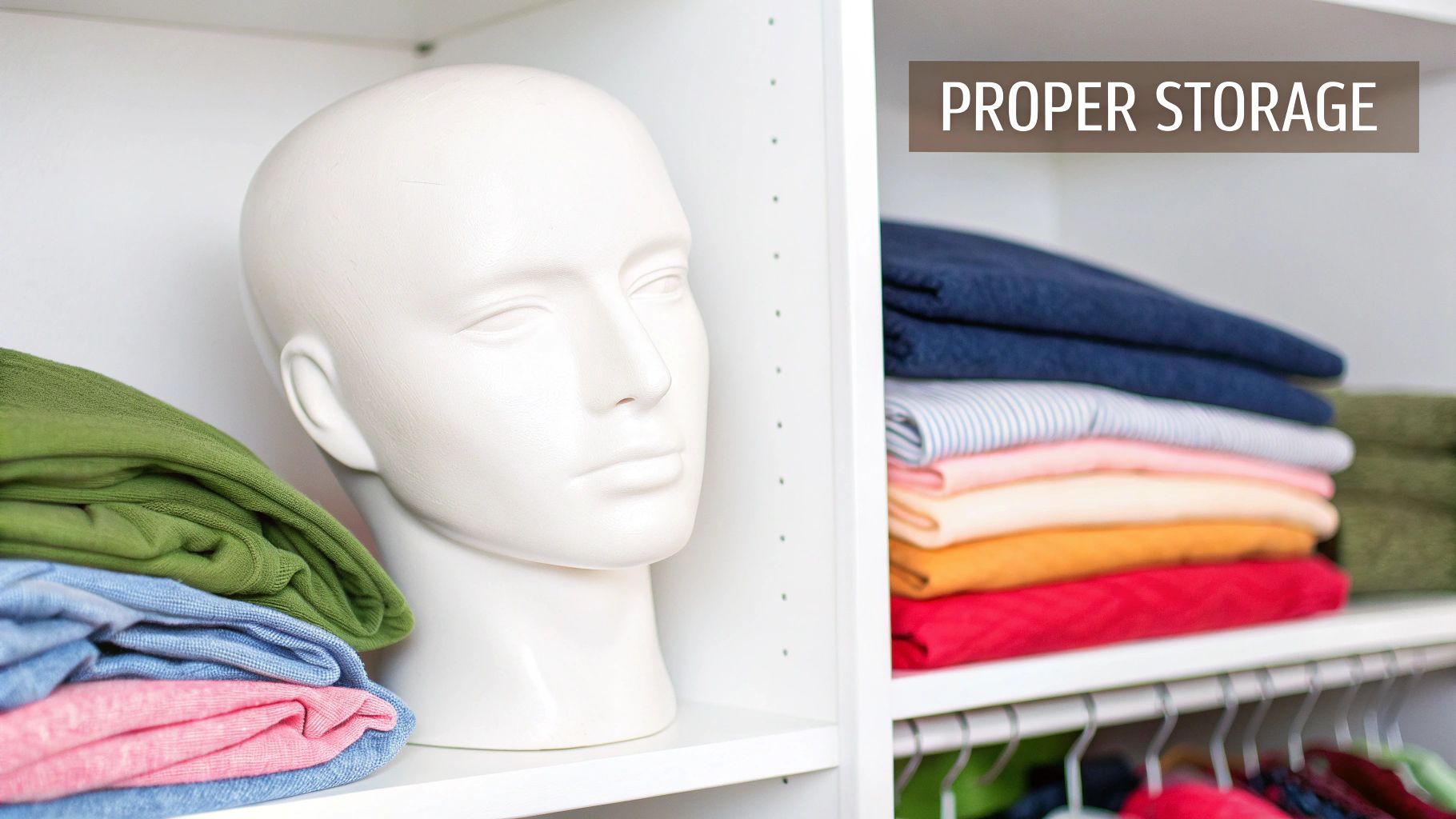 A white mannequin head and neatly folded colorful clothes are stored in a clean closet.