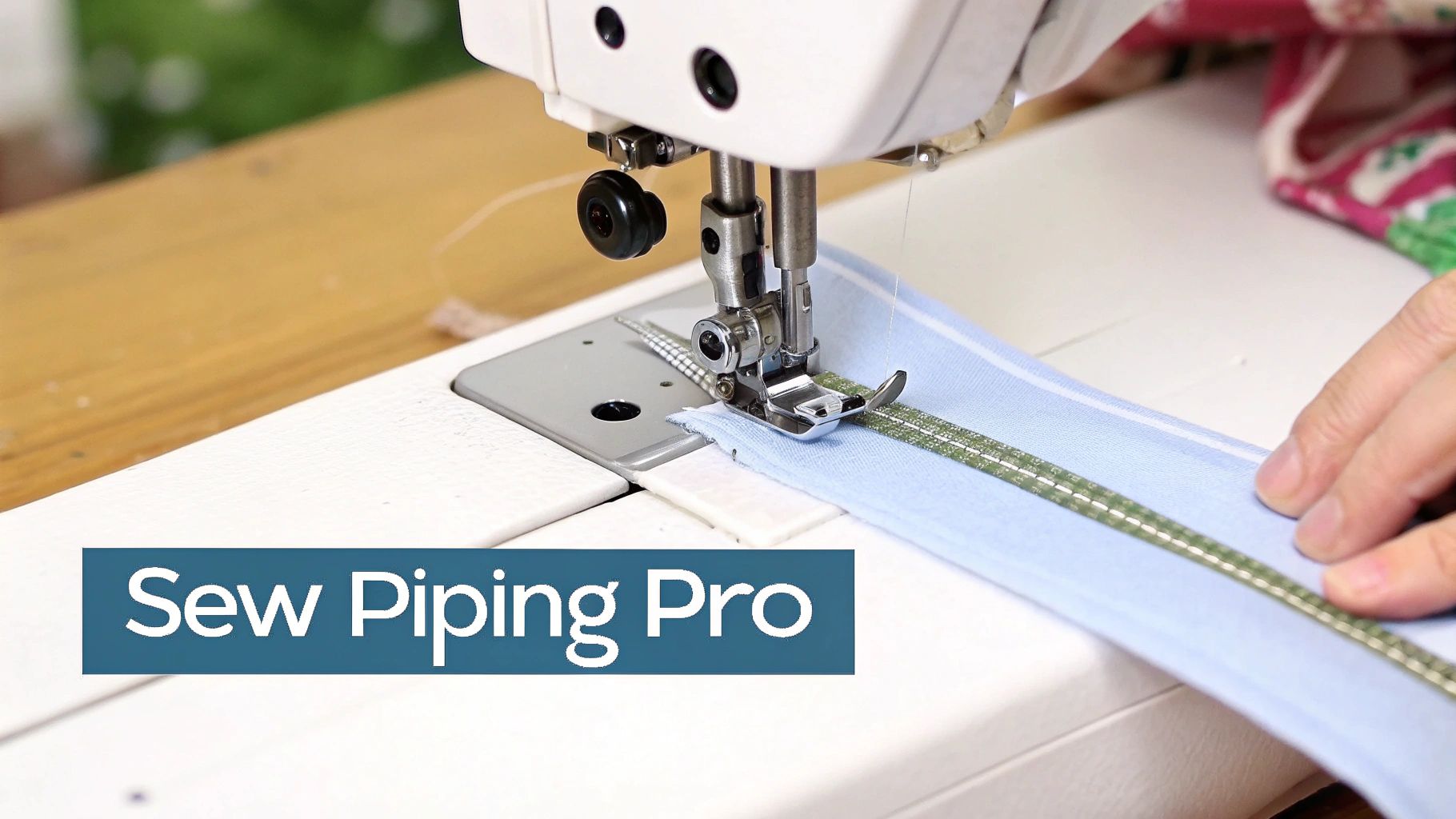 A sewing machine expertly stitching green piping onto light blue fabric, guided by a hand.