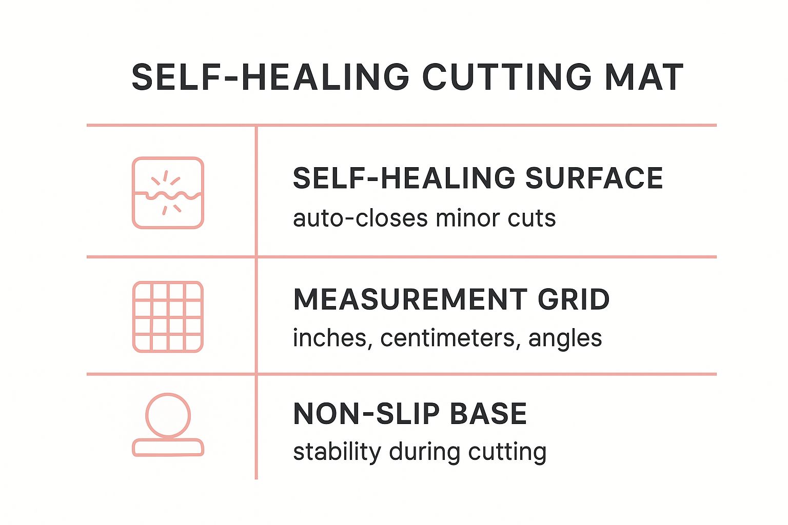 Infographic comparing key attributes of self-healing cutting mats: Self-Healing Surface, Measurement Grid, and Non-Slip Base.