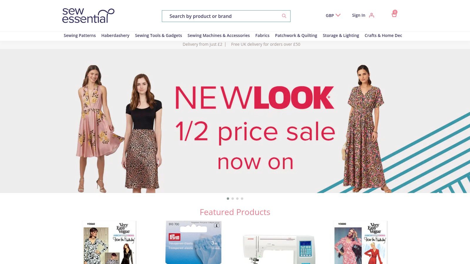 A screenshot of the Sew Essential website homepage, showcasing various sewing supplies and promotions.