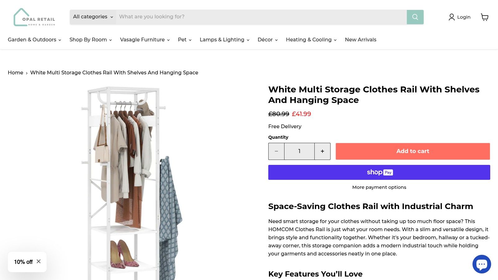 Opal Retail's white multi-storage clothes rail with shelves and hooks.