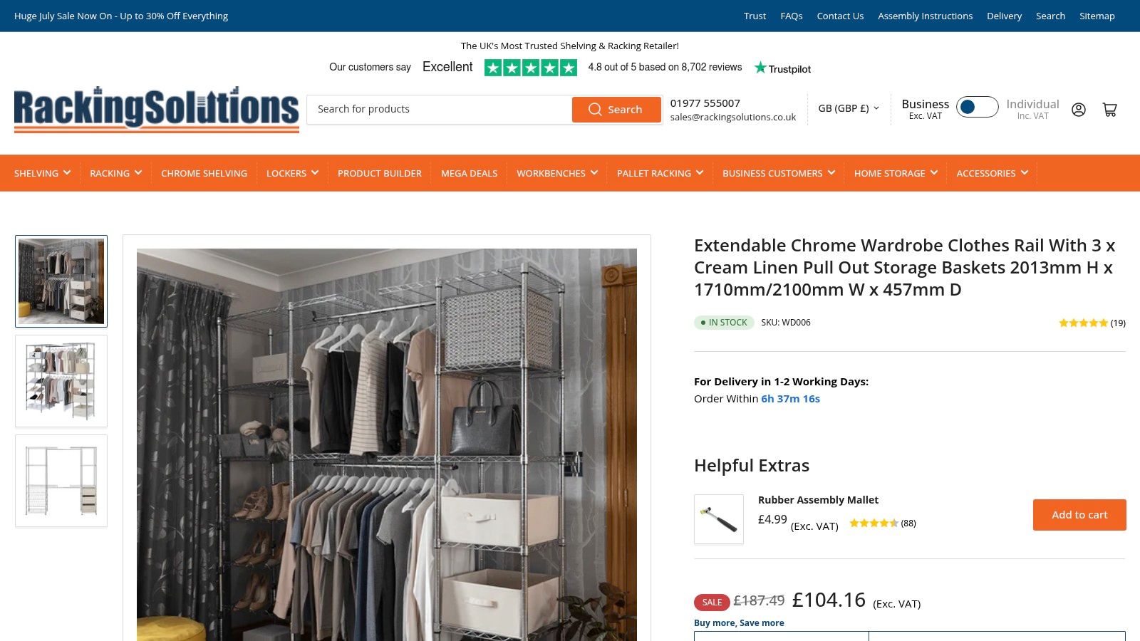 Racking Solutions extendable chrome wardrobe with pull-out linen storage baskets.
