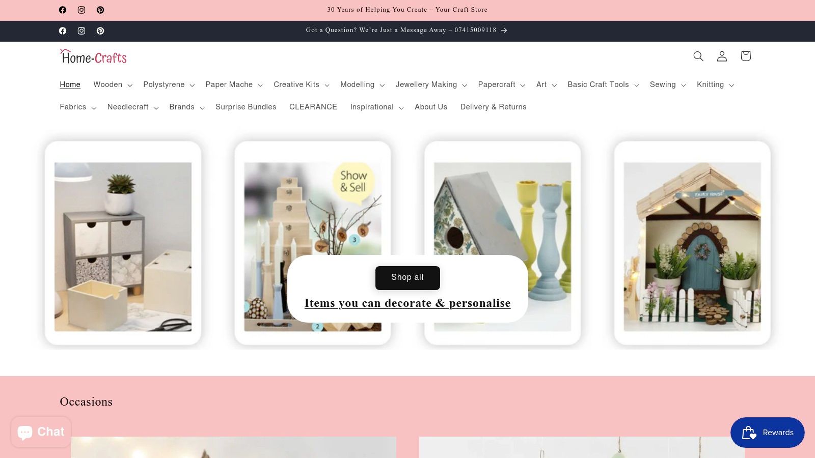A screenshot of the Home-Crafts website, showcasing various patterned sewing boxes and craft storage solutions.